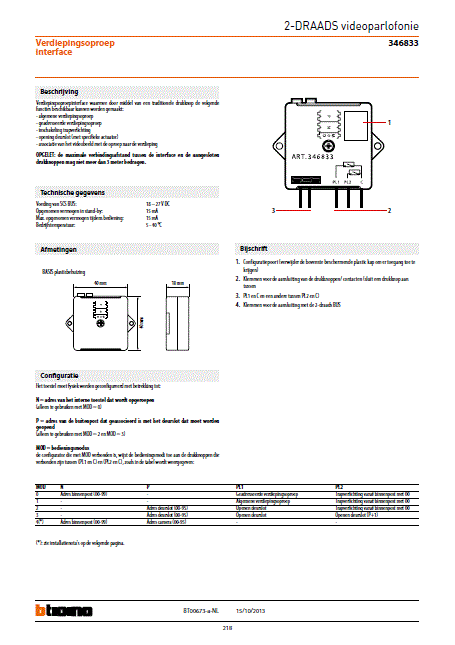 Fabrieksschema 2Bel technical sheet Nederlands