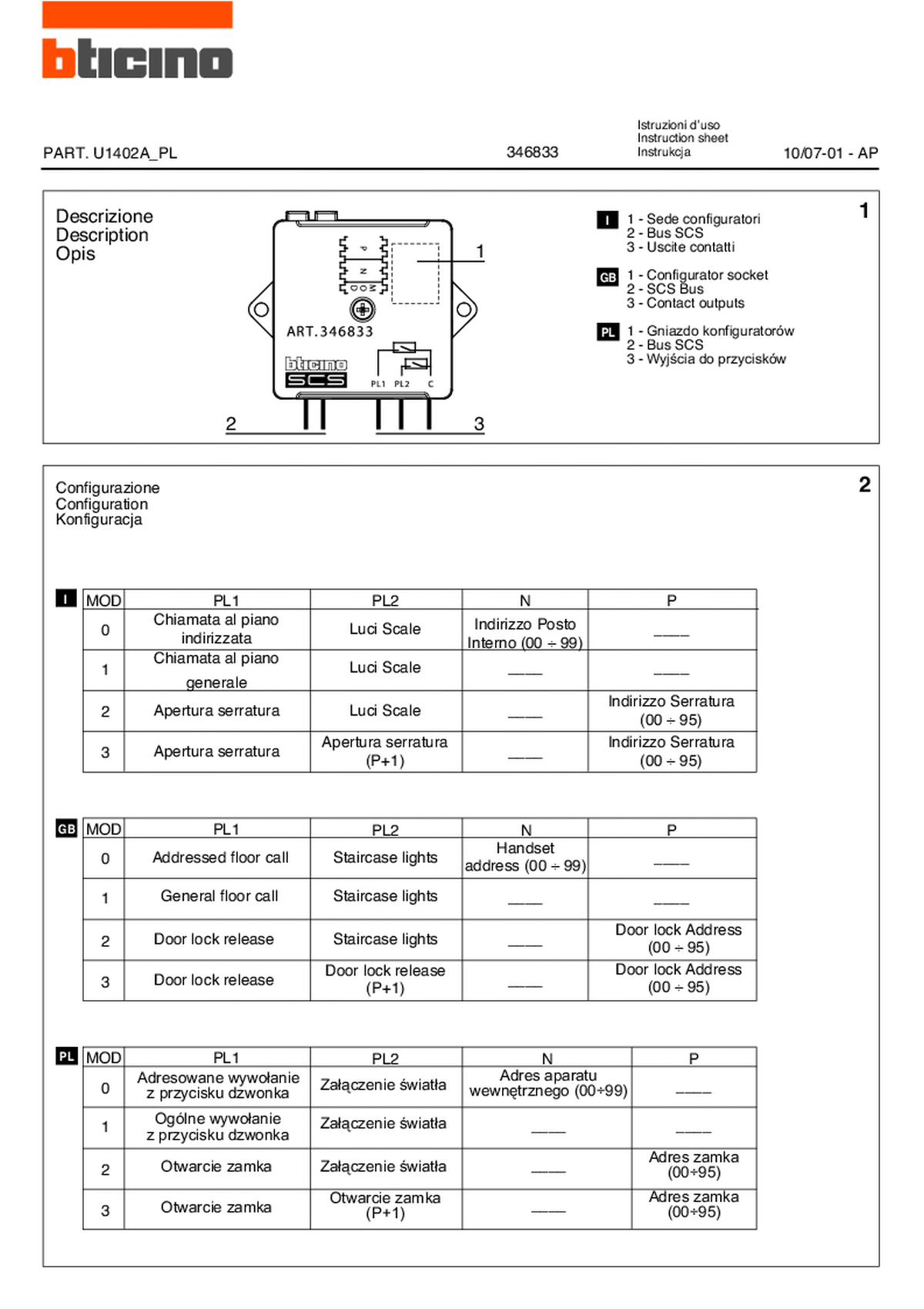 Fabrieksschema 2Bel instruction sheet