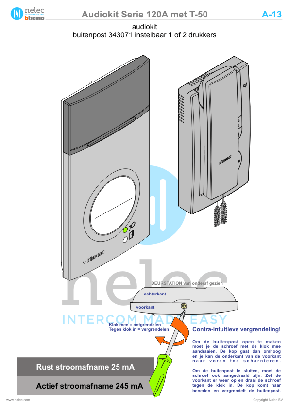 Installatiewijzer schema intercom BT361311 361311 BTicino Installatiewijzer BTicino intercom A1 S120A met T-50