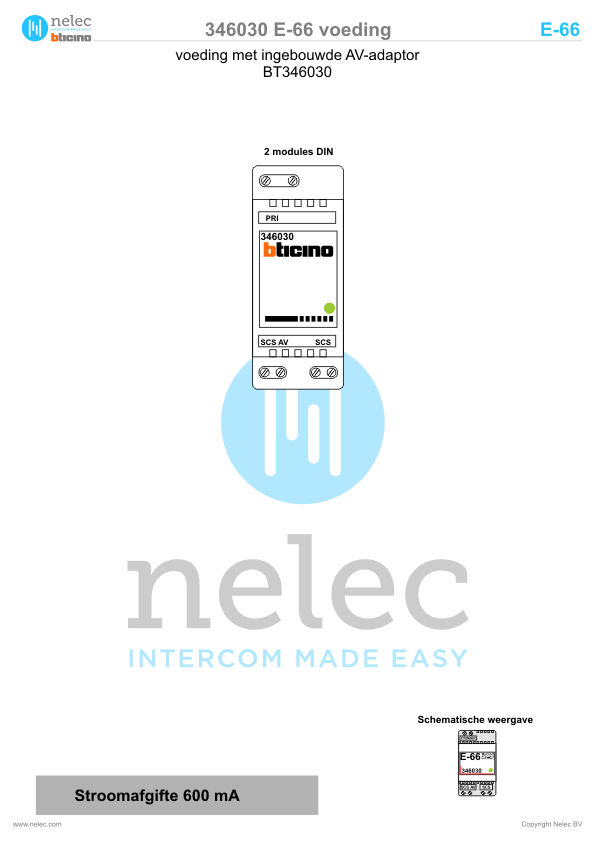 Installatiewijzer schema intercom 346030 E-66 BTicino Installatiewijzer BTicino intercom E-66 voeding