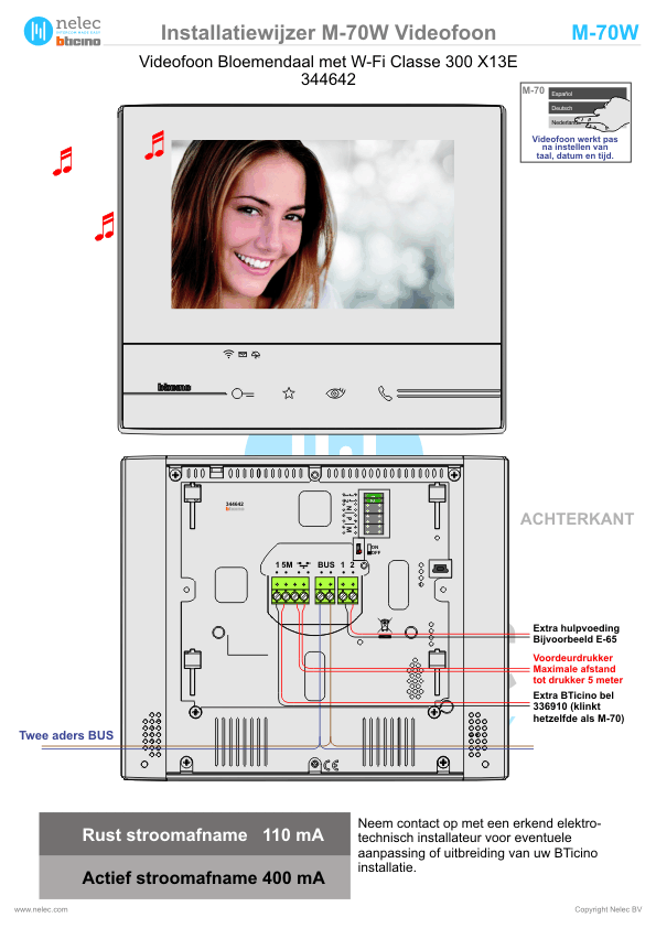 Installatiewijzer schema intercom 344642 M-70W videofoon BTicino Installatiewijzer BTicino intercom M-70W videofoon