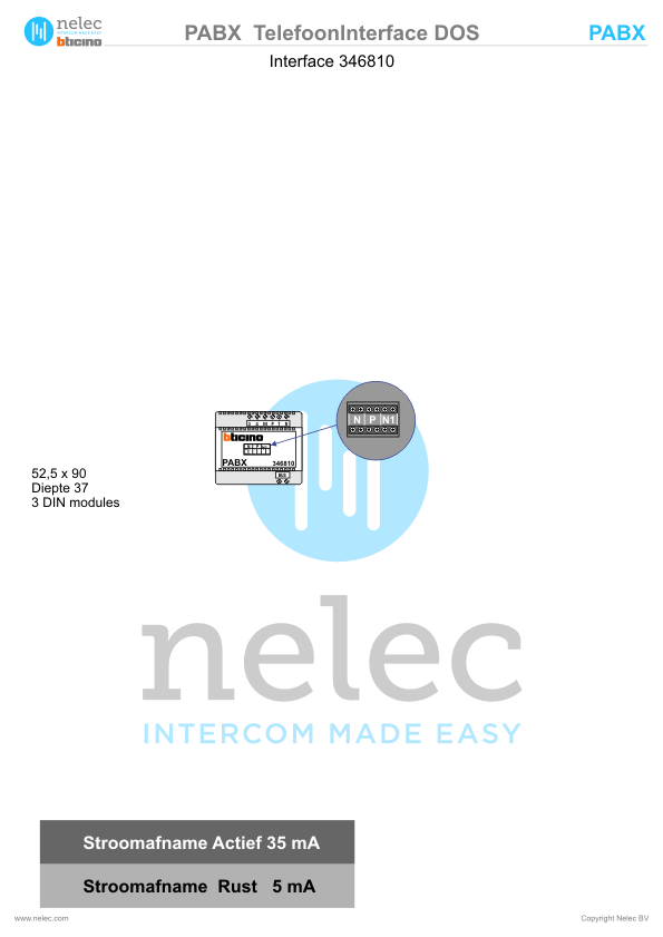 Installatiewijzer schema intercom 346810 PABX BTicino Installatiewijzer BTicino intercom PABX Interface
