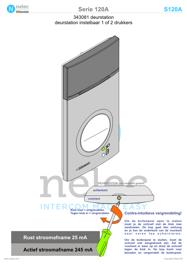 Installatiewijzer BTicino intercom Serie 120A deurstation