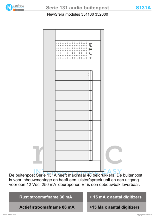 Installatiewijzer schema intercom 351100 S131A deurstation BTicino Installatiewijzer BTicino intercom Serie 131A deurstation