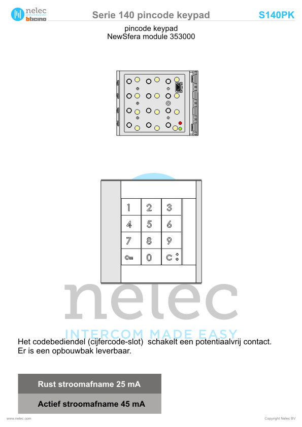 Installatiewijzer BTicino intercom Serie 140 pincode keypad