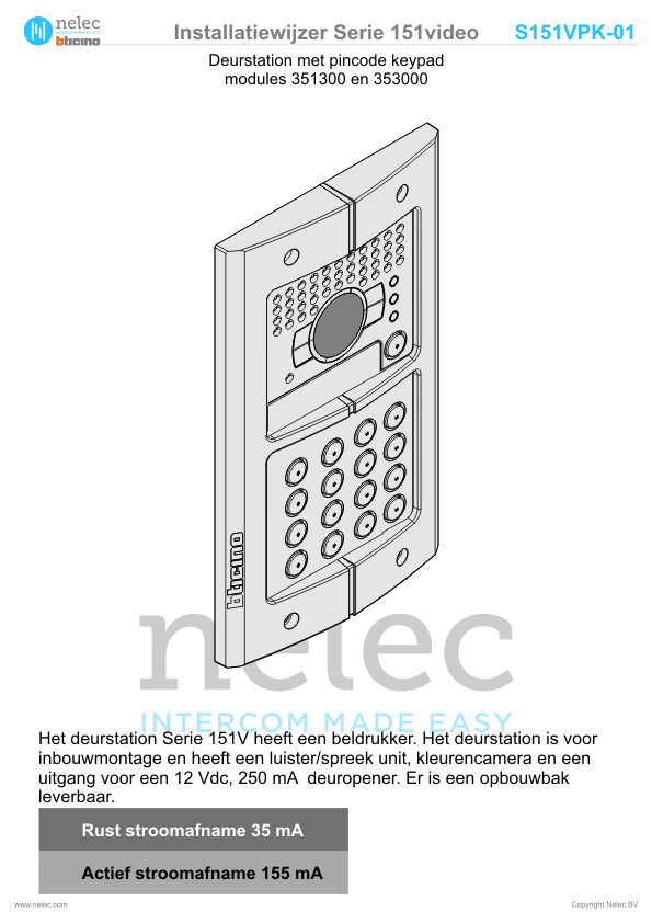 Installatiewijzer BTicino intercom Serie 151V deurstation pincode keypad