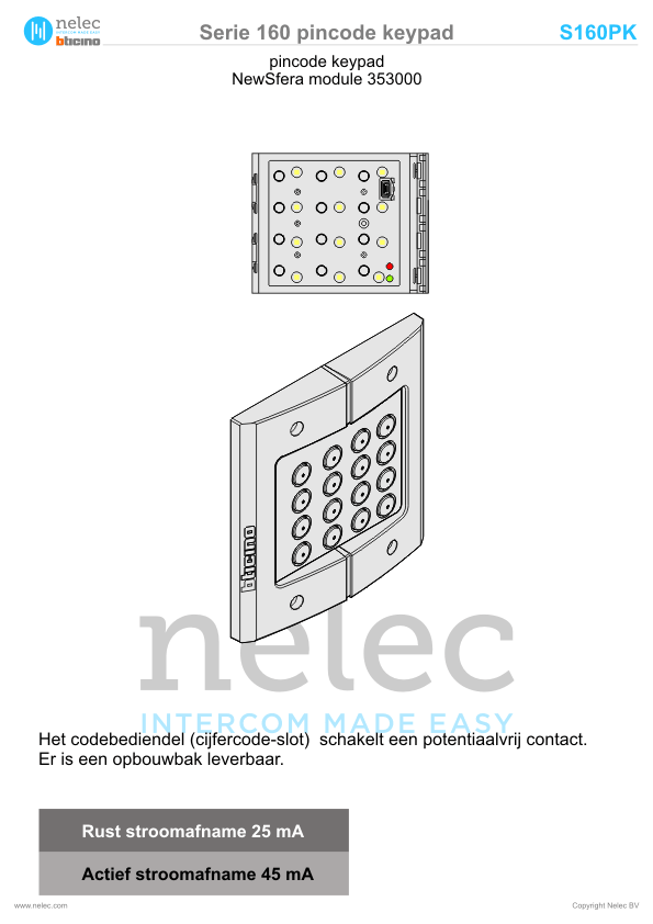 Installatiewijzer BTicino intercom Serie 160 pincode keypad