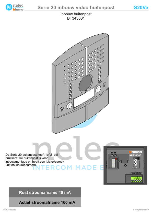 Installatiewijzer schema intercom 343001 S20VCe deurstation BTicino Installatiewijzer BTicino intercom Serie 20VCe deurstation