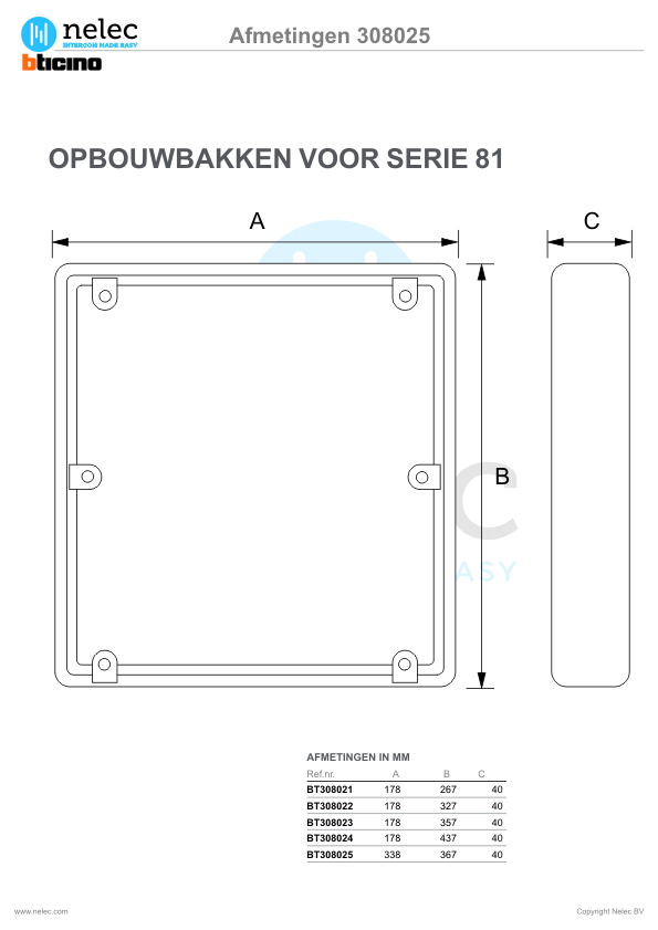 Afmetingen van BTIcino opbouwbak Serie 81 met 32 drukkers