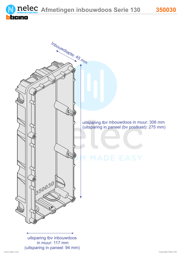 Afmetingen van BTIcino inbouwdoos 3 modules Serie 130-140-150-160-260