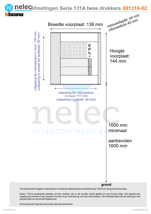 Afmetingen van BTIcino Serie 131A deurstation met 2 BTicino beldrukkers