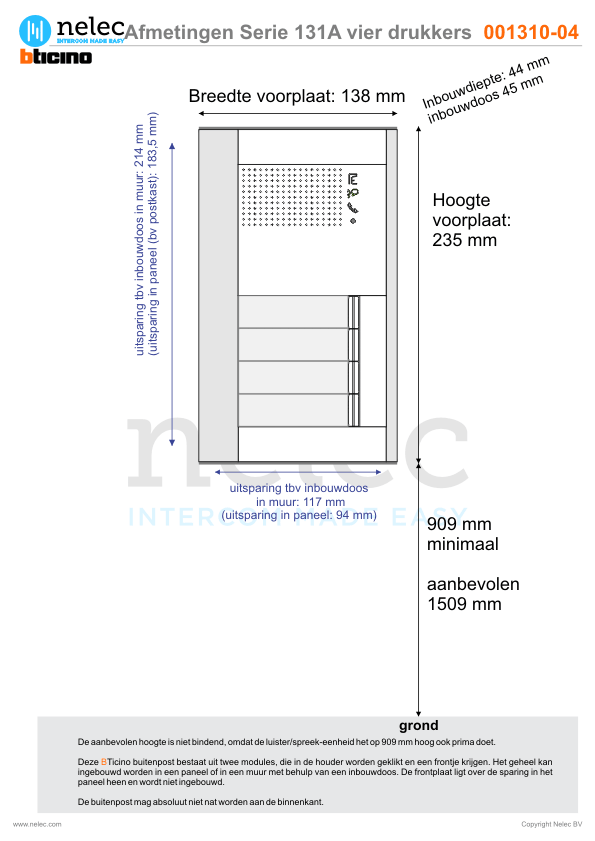 Afmetingen van BTIcino Serie 131A deurstation met 4 BTicino beldrukkers