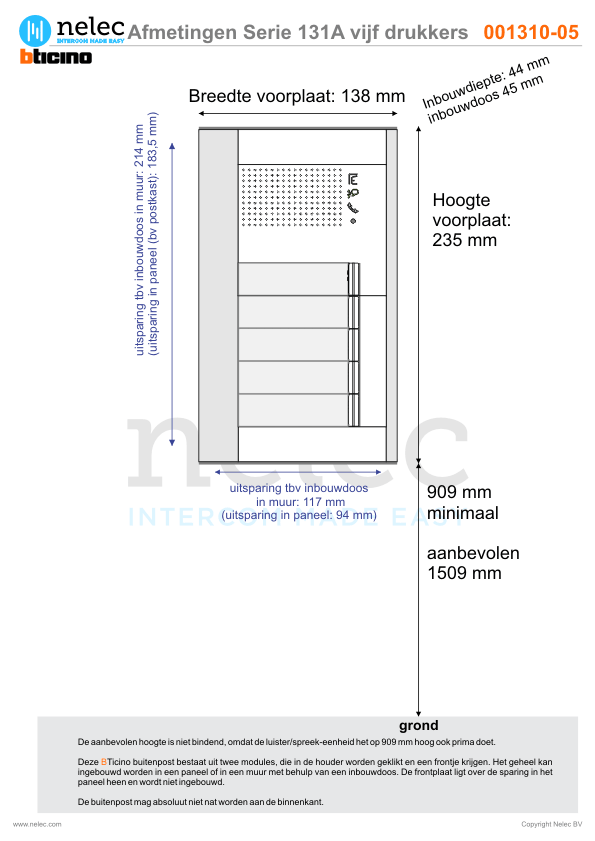 Afmetingen van BTIcino Serie 131A deurstation met 5 BTicino beldrukkers