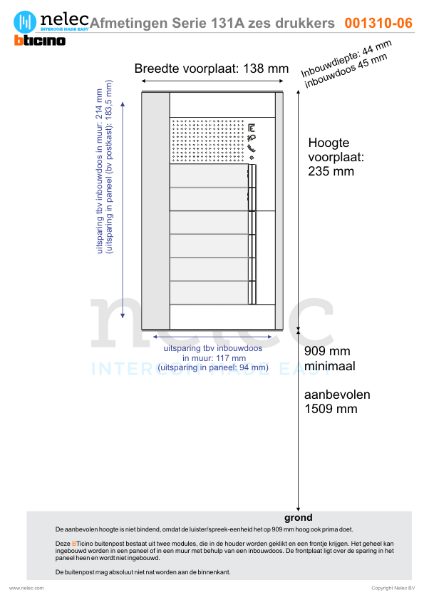 Afmetingen van BTIcino Serie 131A deurstation met 6 BTicino beldrukkers
