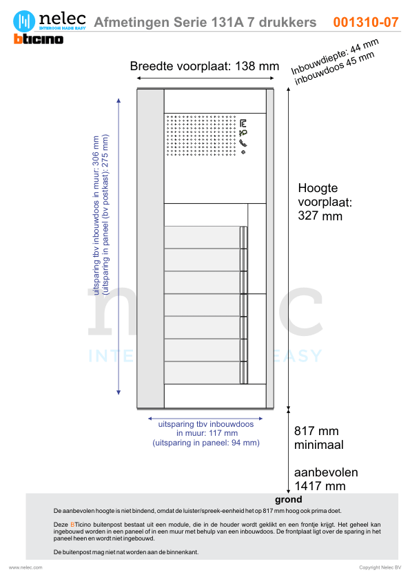 Afmetingen van BTIcino Serie 131A deurstation met 7 BTicino beldrukkers