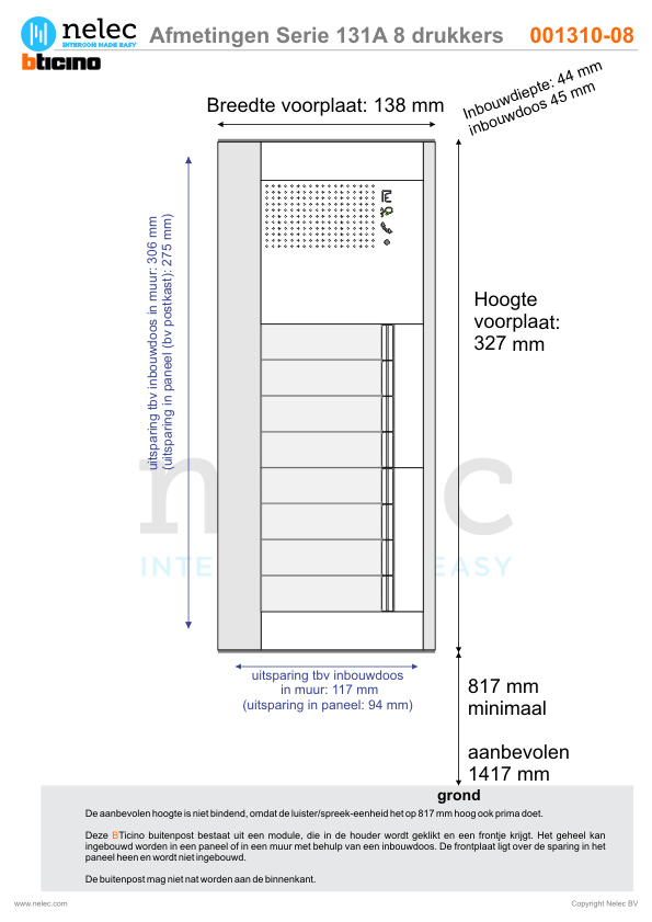 Afmetingen van BTIcino Serie 131A deurstation met 8 BTicino beldrukkers