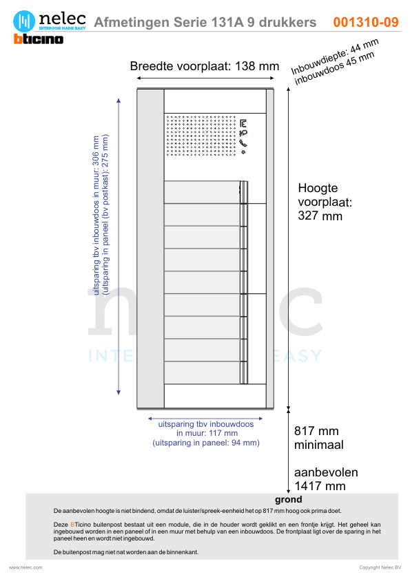 Afmetingen van BTIcino Serie 131A deurstation met 9 BTicino beldrukkers