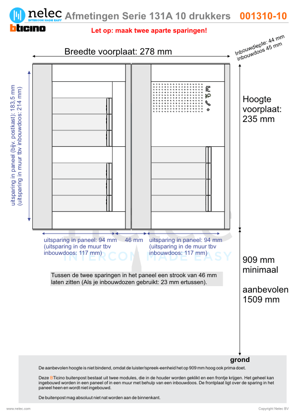 Afmetingen van BTIcino Serie 131A deurstation met 10 BTicino beldrukkers