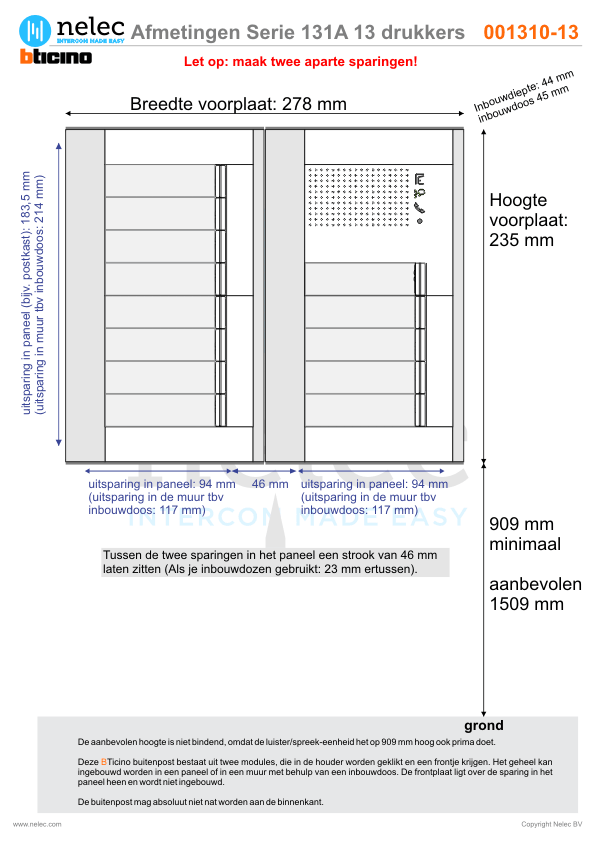 Afmetingen van BTIcino Serie 131A deurstation met 13 BTicino beldrukkers