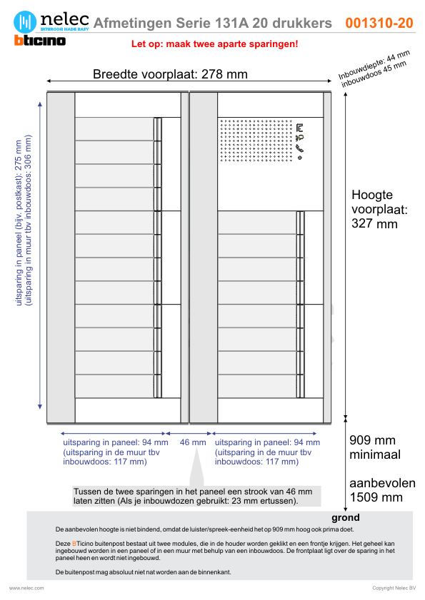 Afmetingen van BTIcino Serie 131A deurstation met 20 BTicino beldrukkers