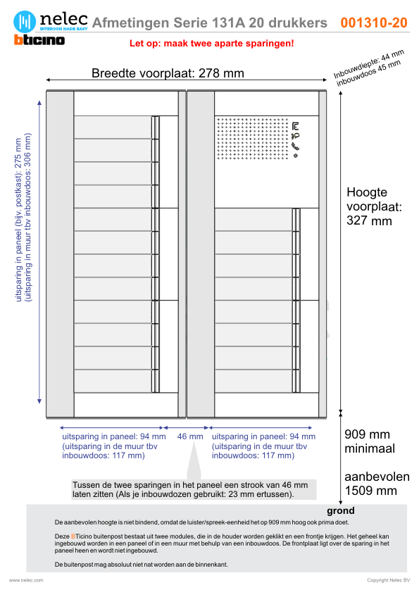 Afmetingen BTIcino intercom Serie 131A deurstation met 20 BTicino beldrukkers Afmetingen van BTIcino Serie 131A deurstation met 20 BTicino beldrukkers