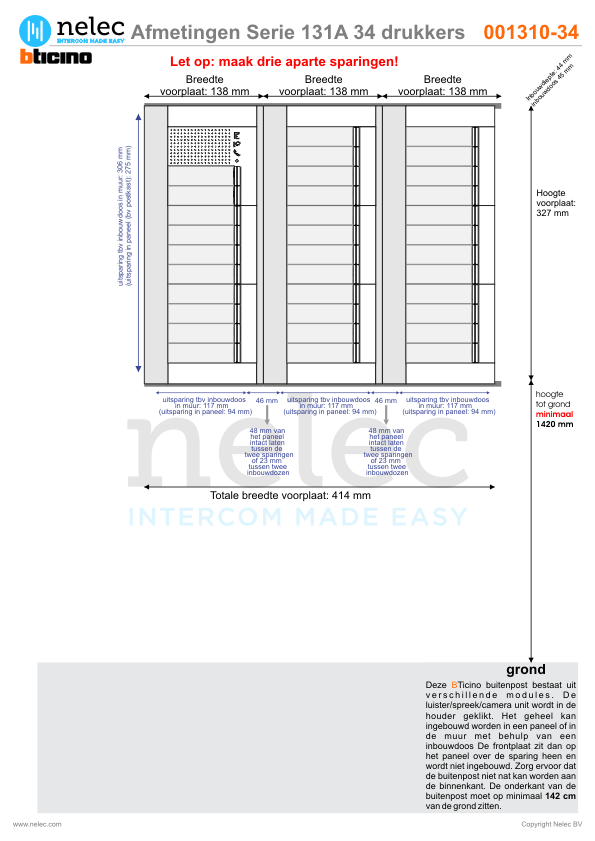 Afmetingen van BTIcino Serie 131A deurstation met 34 BTicino beldrukkers