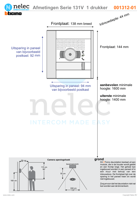 Afmetingen van BTIcino Serie 131V deurstation met 1 BTicino beldrukker