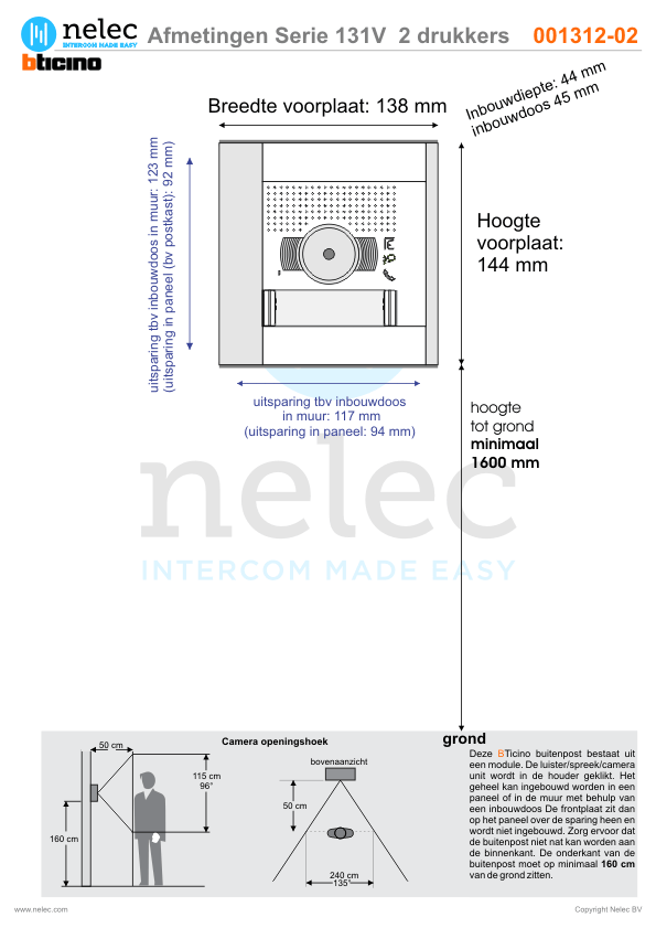 Afmetingen van BTIcino Serie 131V deurstation met 2 BTicino beldrukkers