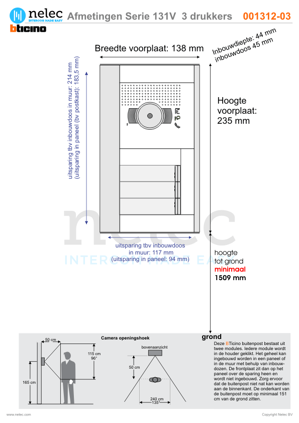 Afmetingen van BTIcino Serie 131V deurstation met 3 BTicino beldrukkers