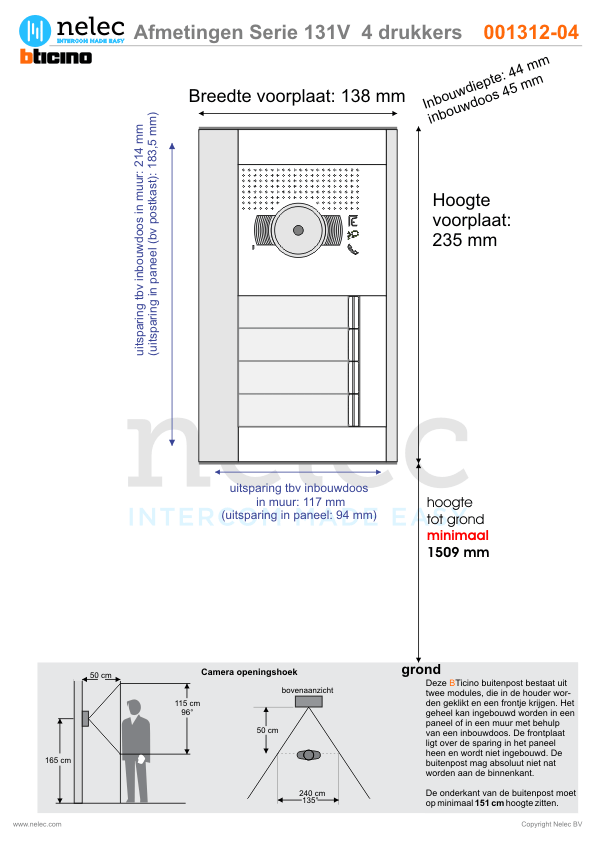 Afmetingen van BTIcino Serie 131V deurstation met 4 BTicino beldrukkers