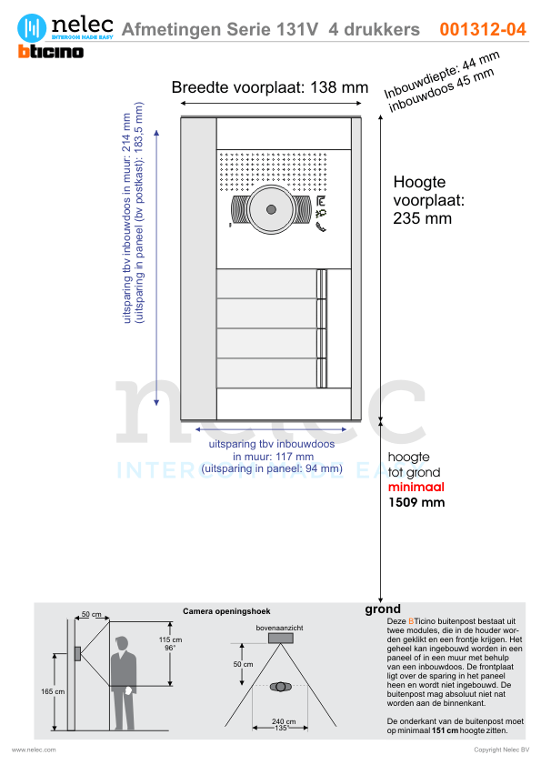 Afmetingen BTIcino intercom Serie 131V deurstation met 4 BTicino beldrukkers Afmetingen van BTIcino Serie 131V deurstation met 4 BTicino beldrukkers