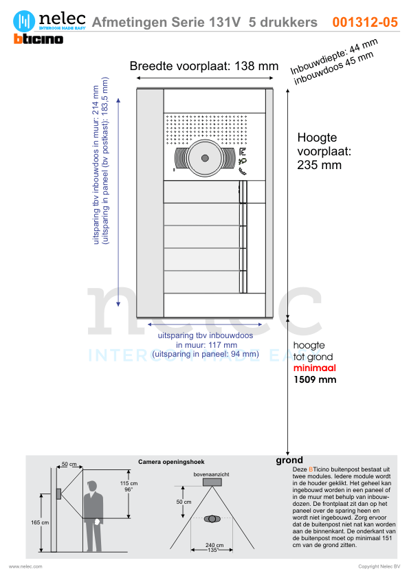 Afmetingen van BTIcino Serie 131V deurstation met 5 BTicino beldrukkers