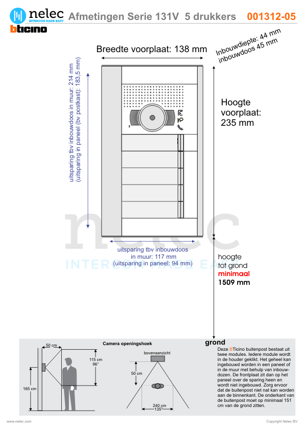 Afmetingen BTIcino intercom Serie 131V deurstation met 5 BTicino beldrukkers Afmetingen van BTIcino Serie 131V deurstation met 5 BTicino beldrukkers