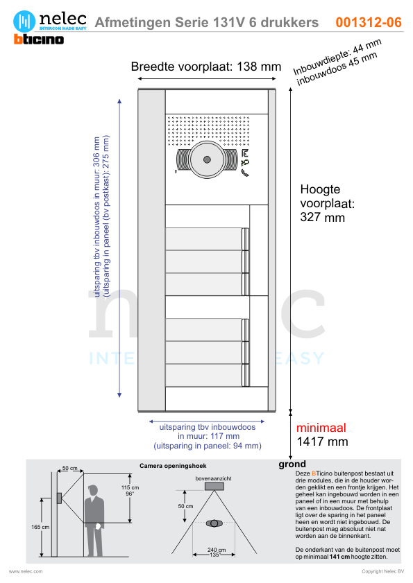 Afmetingen van BTIcino Serie 131V deurstation met 6 BTicino beldrukkers