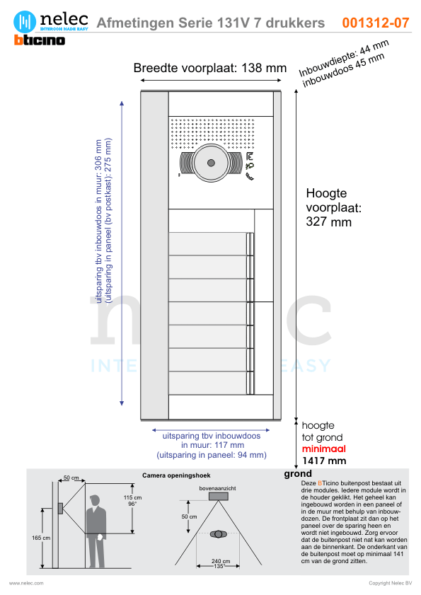 Afmetingen van BTIcino Serie 131V deurstation met 7 BTicino beldrukkers