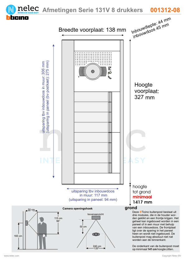 Afmetingen van BTIcino Serie 131V deurstation met 8 BTicino beldrukkers