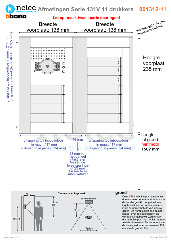 Afmetingen BTIcino intercom Serie 131V deurstation met 11 BTicino beldrukkers Afmetingen van BTIcino Serie 131V deurstation met 11 BTicino beldrukkers