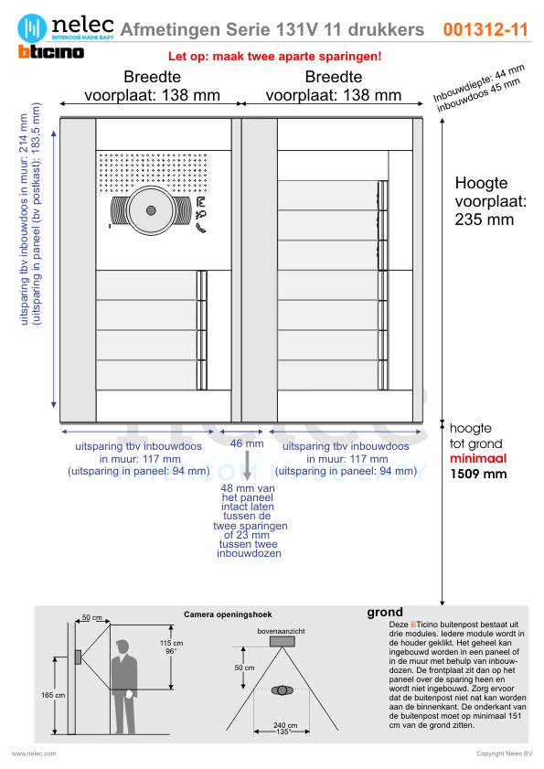 Afmetingen van BTIcino Serie 131V deurstation met 11 BTicino beldrukkers