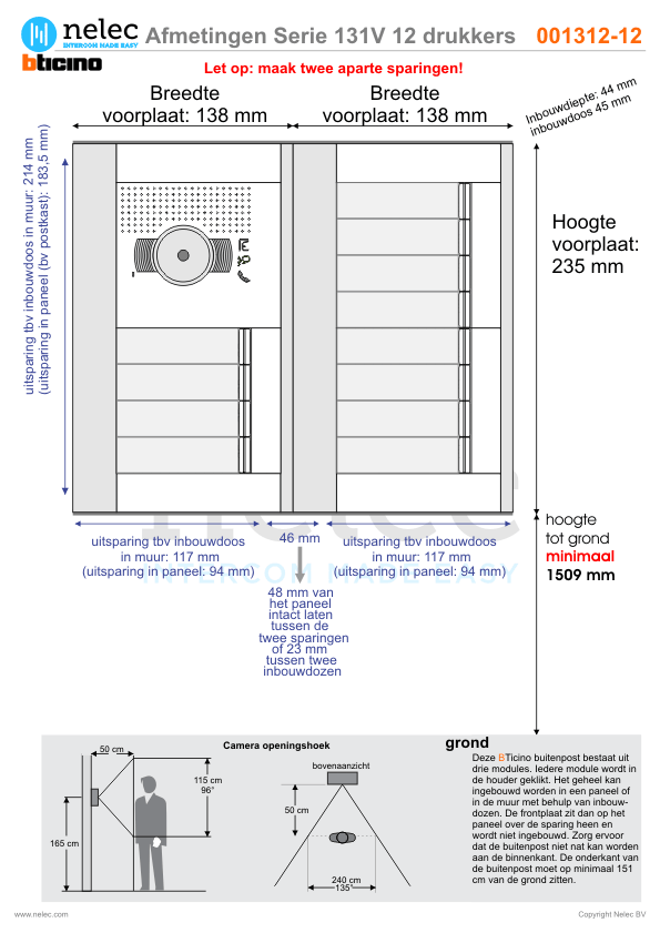Afmetingen BTIcino intercom Serie 131V deurstation met 12 BTicino beldrukkers Afmetingen van BTIcino Serie 131V deurstation met 12 BTicino beldrukkers