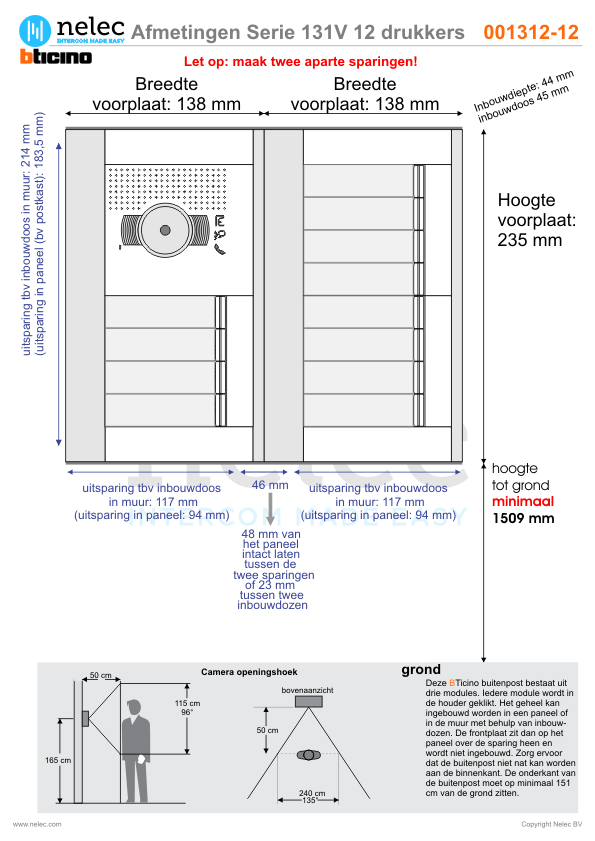 Afmetingen van BTIcino Serie 131V deurstation met 12 BTicino beldrukkers