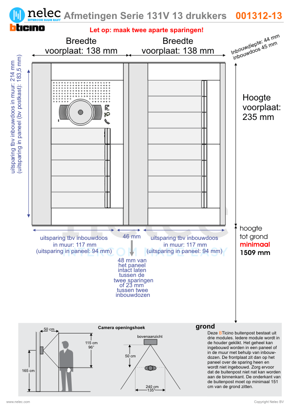 Afmetingen van BTIcino Serie 131V deurstation met 13 BTicino beldrukkers