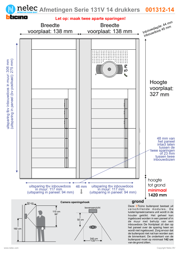 Afmetingen van BTIcino Serie 131V deurstation met 14 BTicino beldrukkers