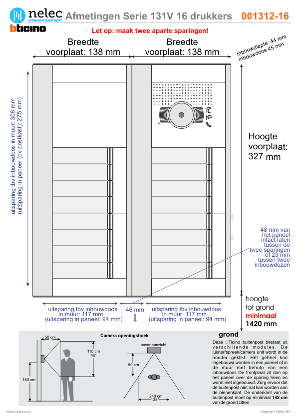 Afmetingen van BTIcino Serie 131V deurstation met 16 BTicino beldrukkers