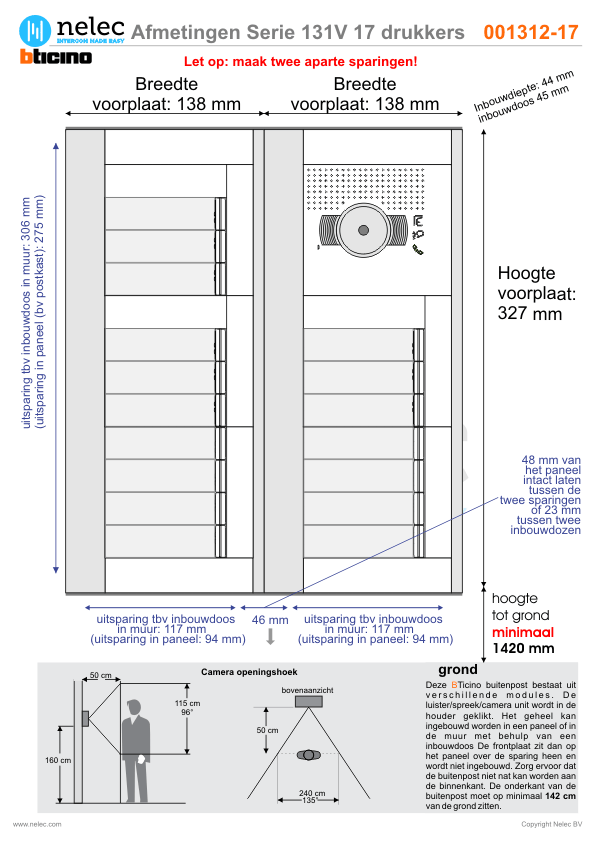 Afmetingen van BTIcino Serie 131V deurstation met 17 BTicino beldrukkers