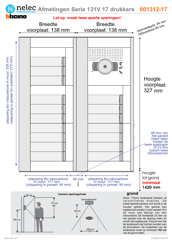 Afmetingen BTIcino intercom Serie 131V deurstation met 17 BTicino beldrukkers Afmetingen van BTIcino Serie 131V deurstation met 17 BTicino beldrukkers