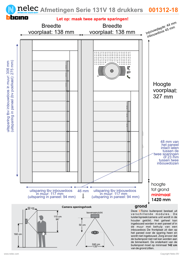 Afmetingen van BTIcino Serie 131V deurstation met 18 BTicino beldrukkers