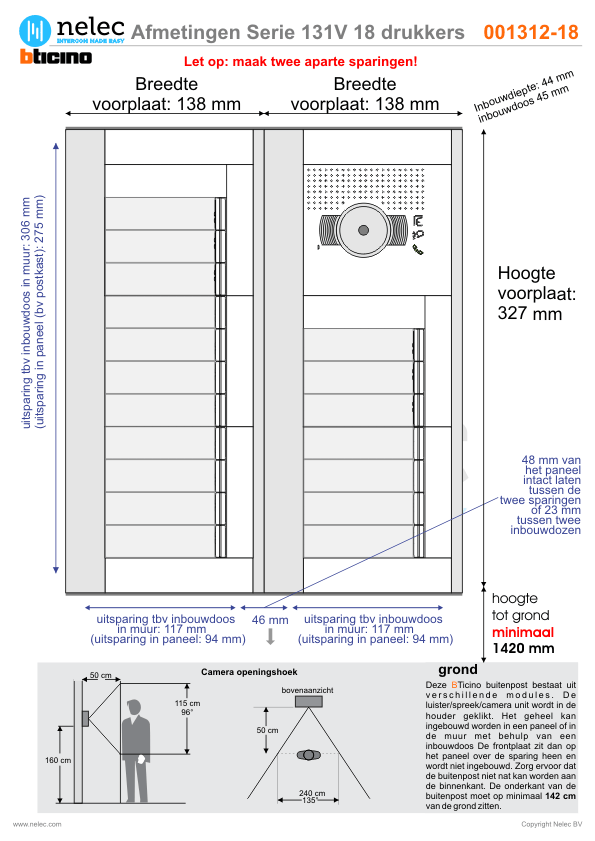 Afmetingen BTIcino intercom Serie 131V deurstation met 18 BTicino beldrukkers Afmetingen van BTIcino Serie 131V deurstation met 18 BTicino beldrukkers