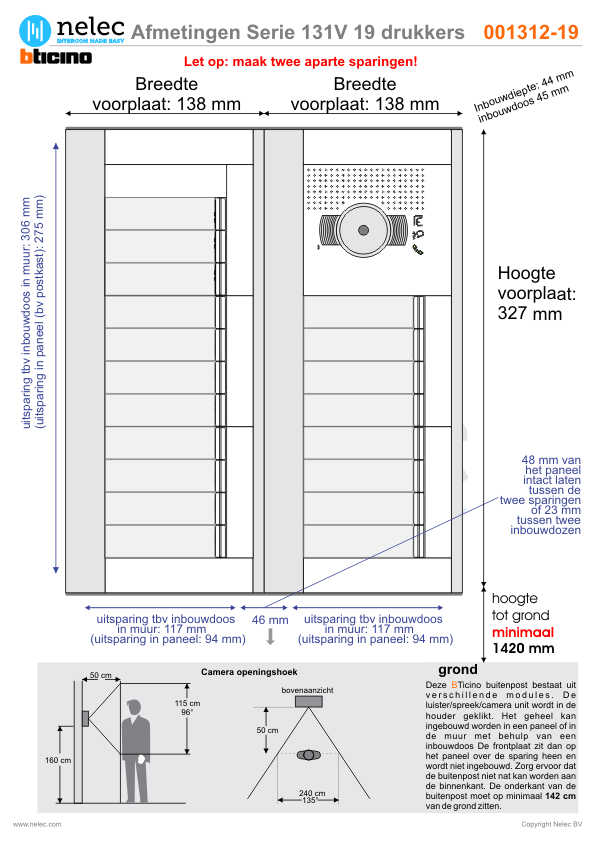 Afmetingen van BTIcino Serie 131V deurstation met 19 BTicino beldrukkers