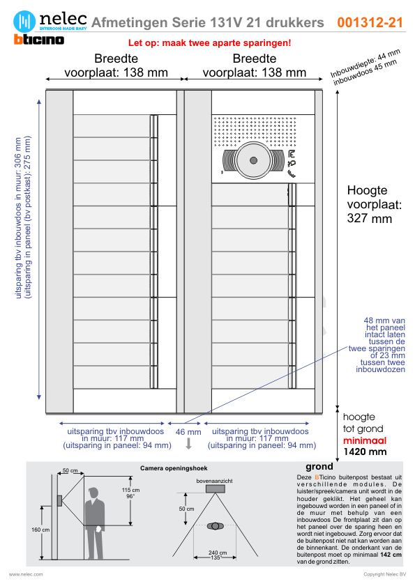 Afmetingen van BTIcino Serie 131V deurstation met 21 BTicino beldrukkers