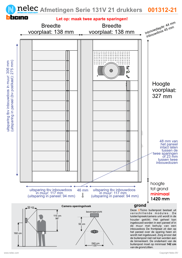 Afmetingen BTIcino intercom Serie 131V deurstation met 21 BTicino beldrukkers Afmetingen van BTIcino Serie 131V deurstation met 21 BTicino beldrukkers